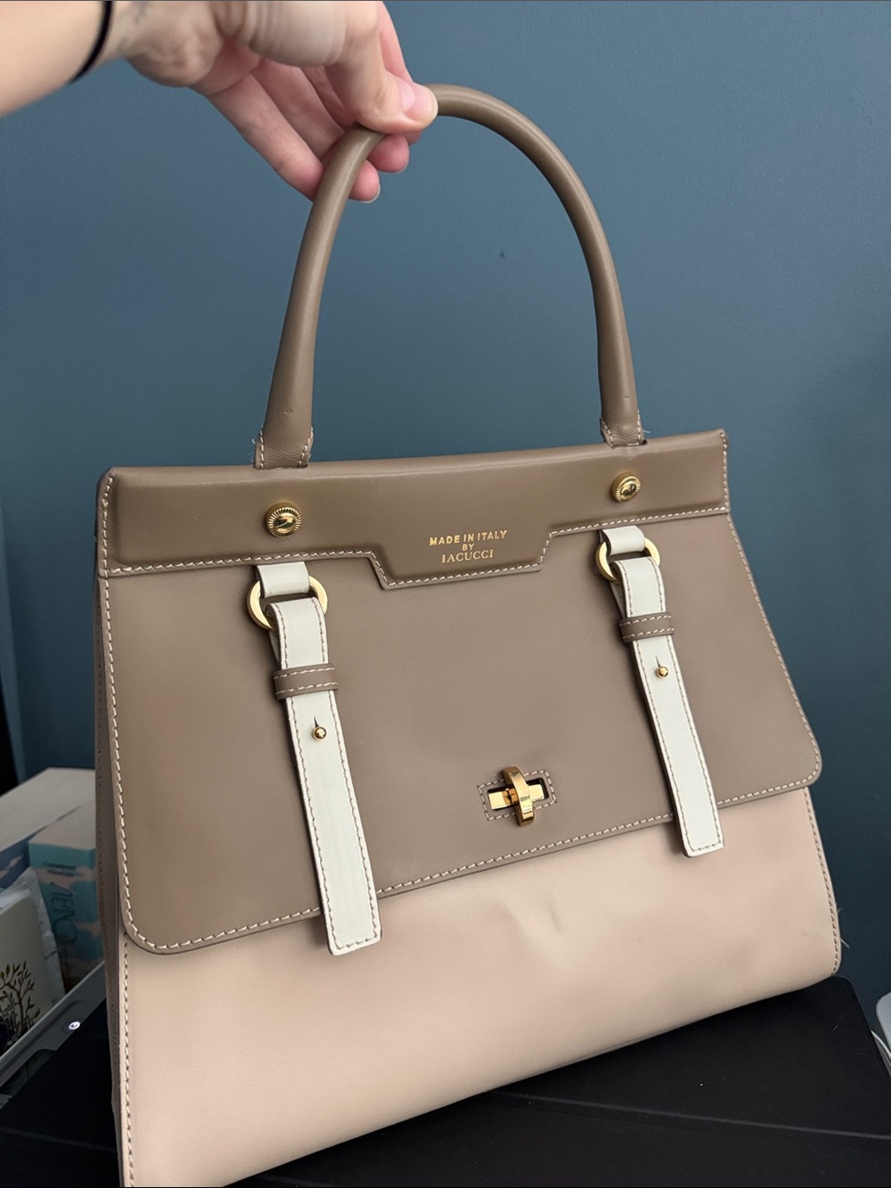 Iacucci Two-Tone Taupe & Cream Leather Top-Handle Satchel